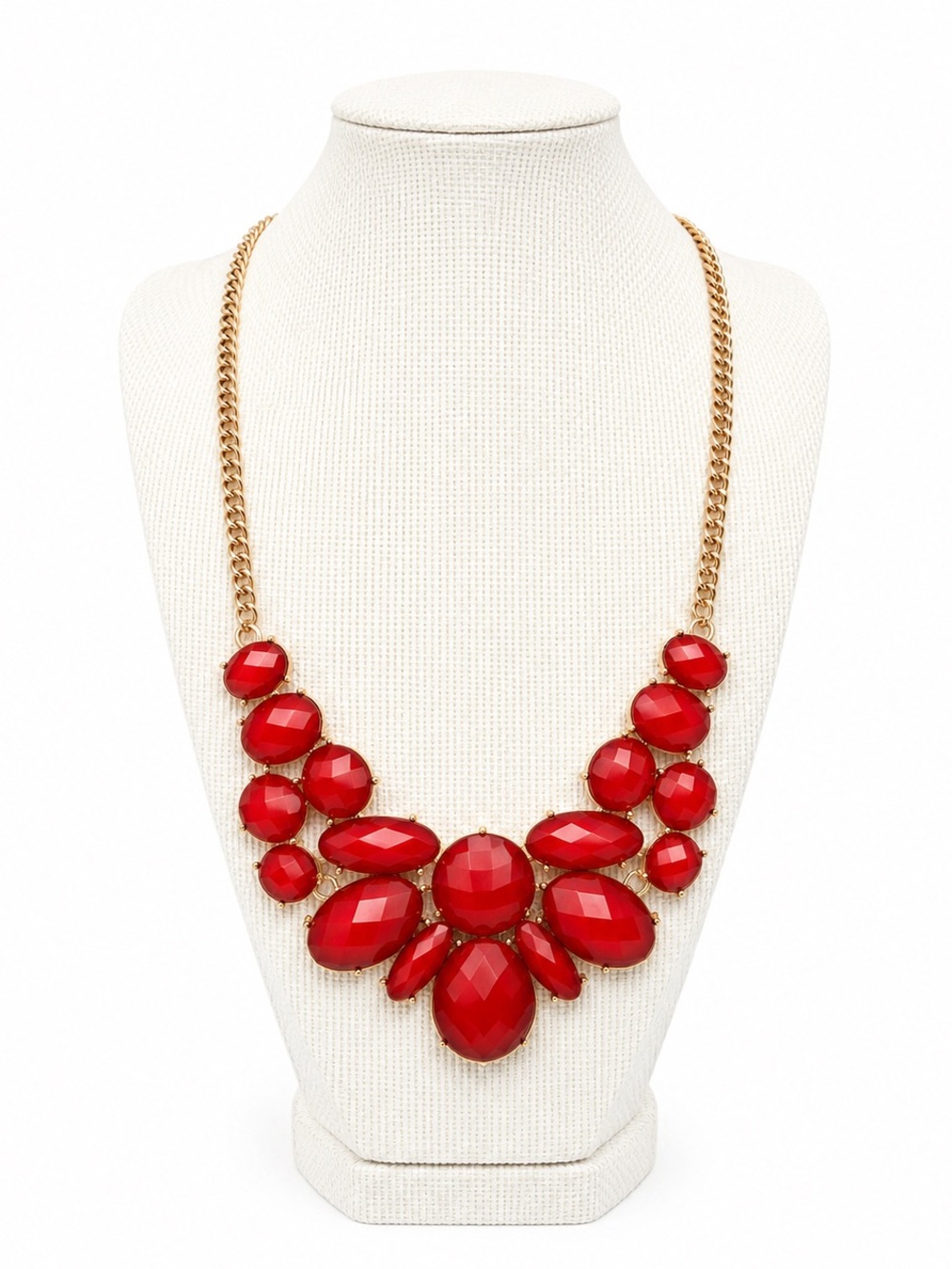 Red Faceted Statement Bib Necklace Gold Tone Bold Chunky Cocktail Jewelry